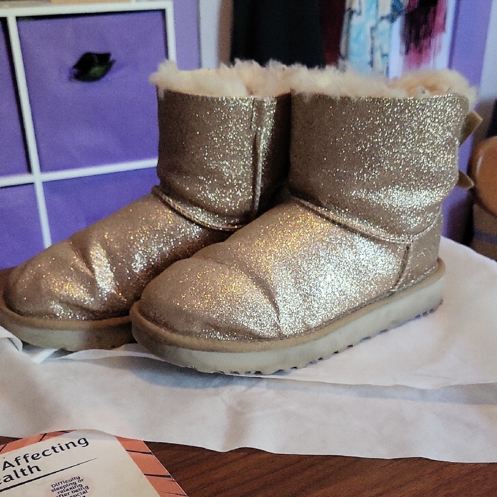 UGG Mini Bailey Bow Gold Glitter Boots